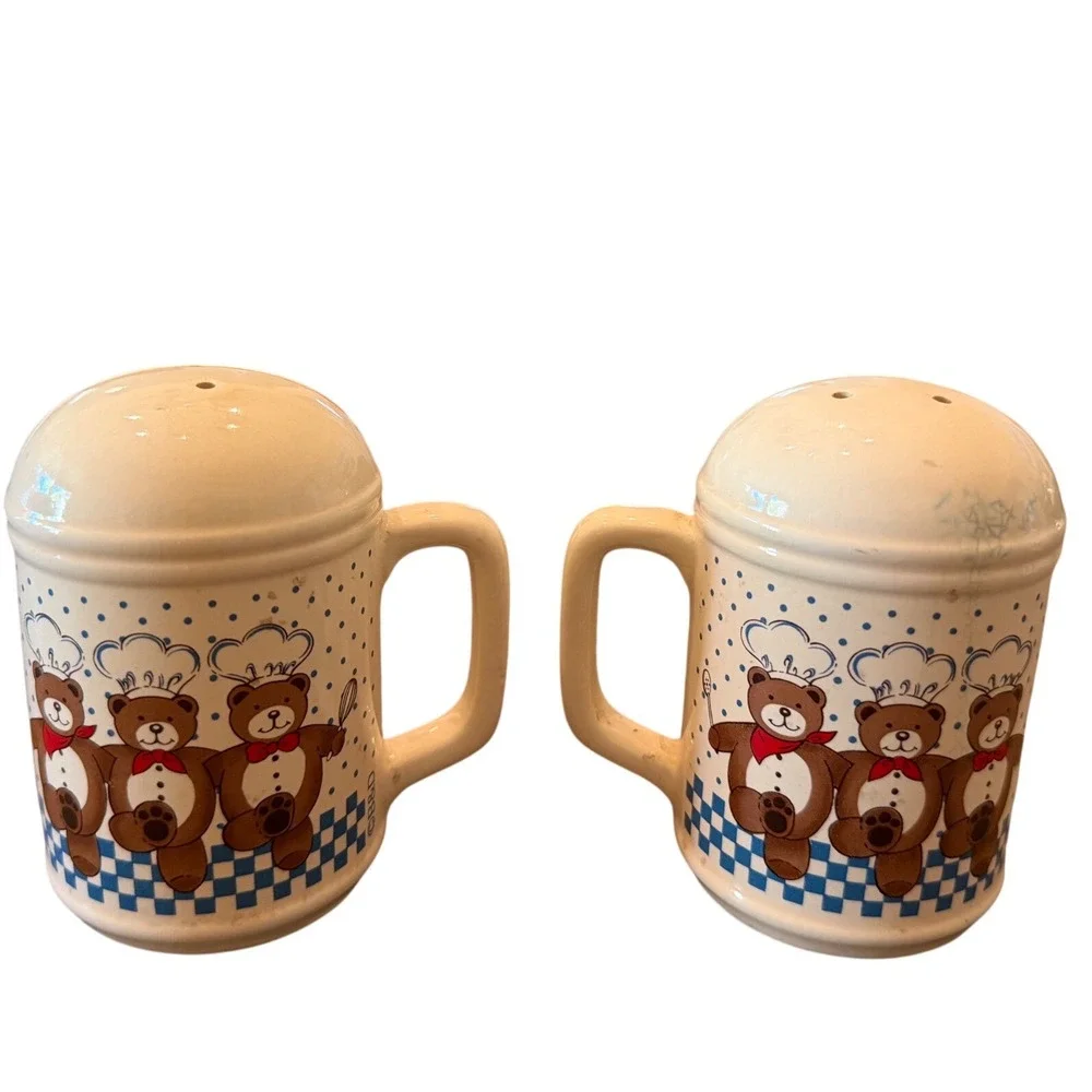 Vintage Chef Bear Salt and Pepper Shakers Ceramic Mug Style Japan Retro Kitsch